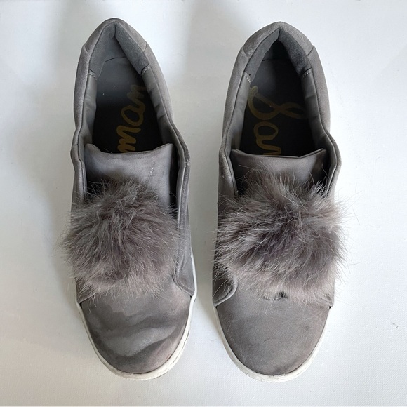 Sam Edelman Slip-on Faux Fur Pompom Gray Suede Sneakers, Women 8.5 - Picture 1 of 5